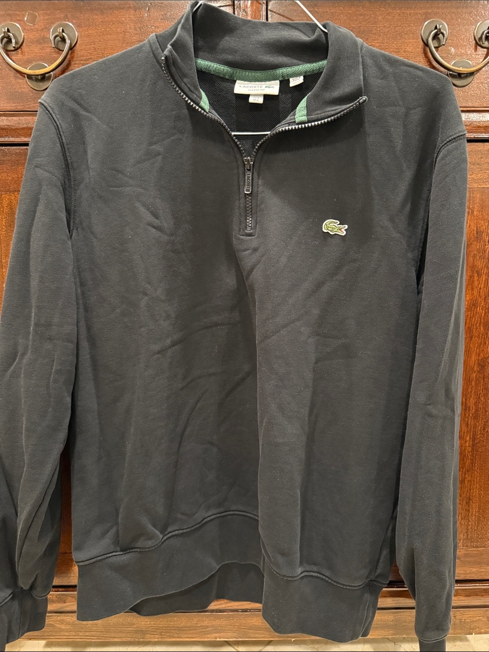 Lacoste Men's Black Half-Zip Sweater with Green Crocodile Logo Size Large